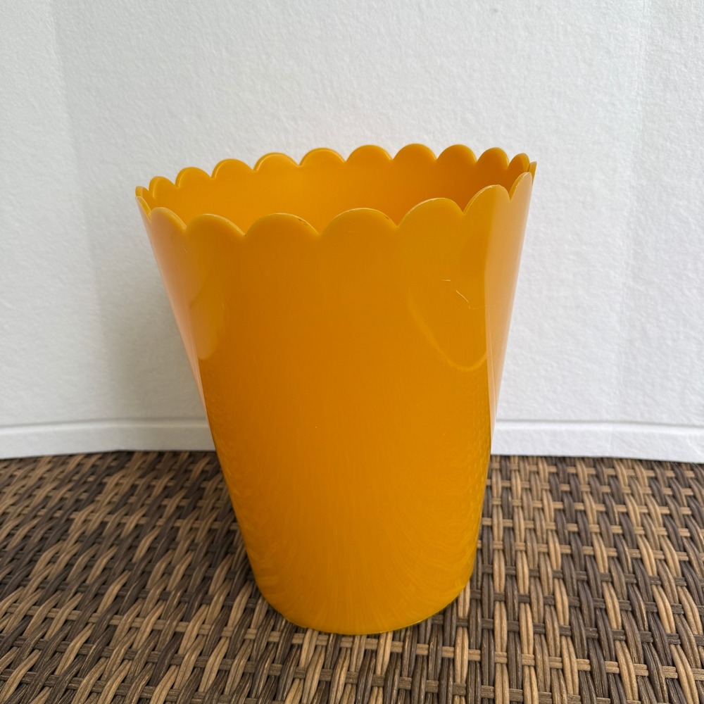 Vintage Orange Mustard Yellow Scalloped Plastic Waste Basket Trash Can